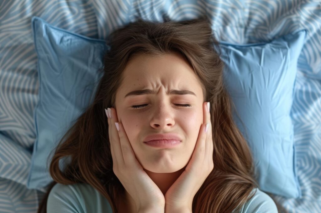 A woman trying to sleep with wisdom tooth pain.